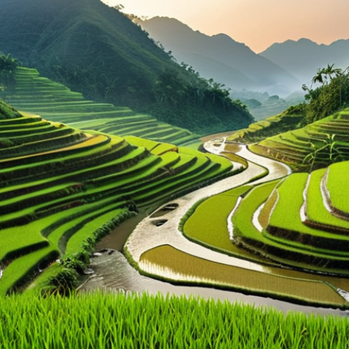 **Prompt:** A serene, untouched landscape in a remote Vietnamese valley. Lush green terraced rice fields cascade down rolling hills, illuminated by the soft light of dawn, with a gentle stream winding through. A few traditional stilt houses are nestled peacefully in the distance, blending into the misty mountains. The atmosphere is tranquil and evokes a profound sense of peace and natural purity.