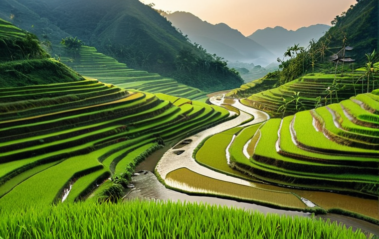 **Prompt:** A serene, untouched landscape in a remote Vietnamese valley. Lush green terraced rice fields cascade down rolling hills, illuminated by the soft light of dawn, with a gentle stream winding through. A few traditional stilt houses are nestled peacefully in the distance, blending into the misty mountains. The atmosphere is tranquil and evokes a profound sense of peace and natural purity.