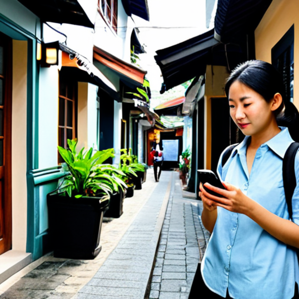 A female solo traveler, early 30s, wearing comfortable and modest casual travel attire, is standing in a quiet, charming alleyway in a bustling Southeast Asian-style city. She is holding a smartphone, looking at the screen with a thoughtful, curious expression, as if discovering a hidden local eatery or boutique. The alley features old colonial architecture, potted plants, and subtle signs of local life. The scene is bathed in soft, natural daylight. perfect anatomy, correct proportions, natural pose, well-formed hands, proper finger count, natural body proportions, professional travel photography, high quality, safe for work, appropriate content, fully clothed, modest, family-friendly.