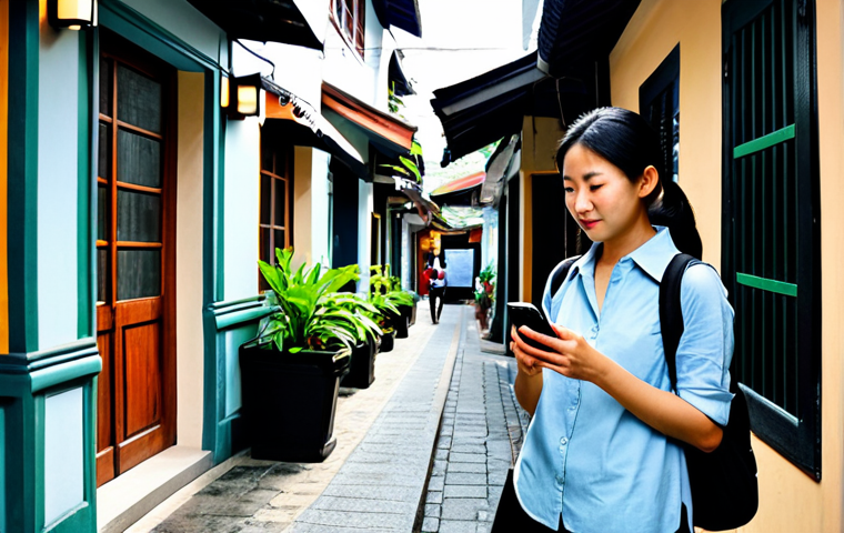 A female solo traveler, early 30s, wearing comfortable and modest casual travel attire, is standing in a quiet, charming alleyway in a bustling Southeast Asian-style city. She is holding a smartphone, looking at the screen with a thoughtful, curious expression, as if discovering a hidden local eatery or boutique. The alley features old colonial architecture, potted plants, and subtle signs of local life. The scene is bathed in soft, natural daylight. perfect anatomy, correct proportions, natural pose, well-formed hands, proper finger count, natural body proportions, professional travel photography, high quality, safe for work, appropriate content, fully clothed, modest, family-friendly.