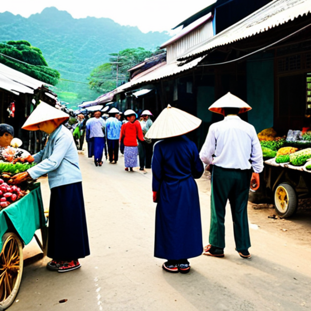 인적 드문 지역에서의 문화 교류 방법 - **Image Prompt:** A bustling local market in a rural Vietnamese village, filled with vendors selling...