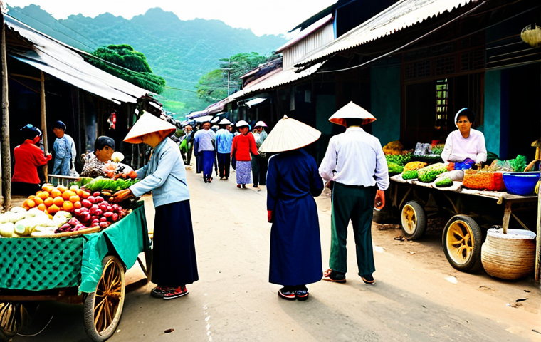 인적 드문 지역에서의 문화 교류 방법 - **Image Prompt:** A bustling local market in a rural Vietnamese village, filled with vendors selling...