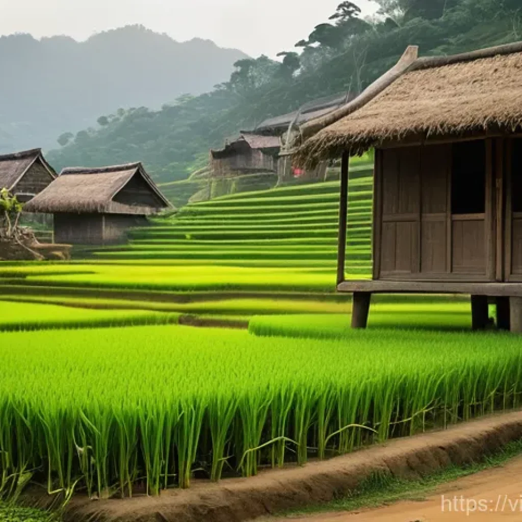 비인기 여행지의 여행 코스 추천 - **A serene scene depicting daily life in a Northern Vietnamese ethnic minority village.**
    *   **...