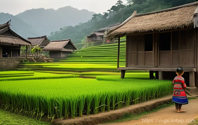 비인기 여행지의 여행 코스 추천 - **A serene scene depicting daily life in a Northern Vietnamese ethnic minority village.**
    *   **...