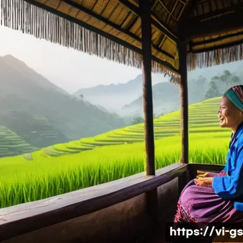 인적 드문 목적지에서의 현지 체험 프로그램 - **Prompt:** A serene, authentic morning scene at a traditional Hmong homestay in a misty Ha Giang vi...