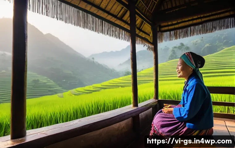 인적 드문 목적지에서의 현지 체험 프로그램 - **Prompt:** A serene, authentic morning scene at a traditional Hmong homestay in a misty Ha Giang vi...