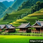 비인기 여행지의 역사적 배경 분석 - A peaceful traditional Vietnamese village nestled in a lush green valley, featuring ancient wooden h...