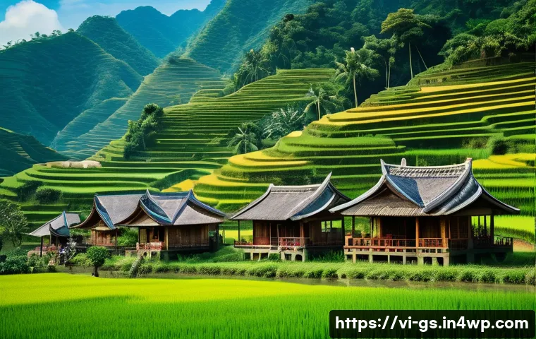 비인기 여행지의 역사적 배경 분석 - A peaceful traditional Vietnamese village nestled in a lush green valley, featuring ancient wooden h...