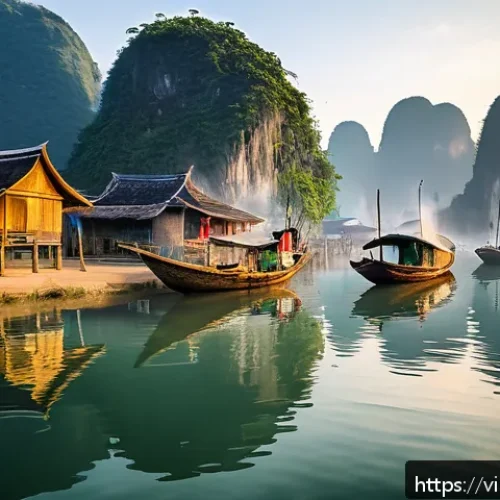 여행 중 인적 드문 지역의 핫플레이스 찾기 - A serene early morning scene at Cai Beo fishing village beside Ha Long Bay, featuring traditional sm...
