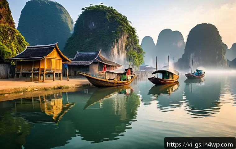 여행 중 인적 드문 지역의 핫플레이스 찾기 - A serene early morning scene at Cai Beo fishing village beside Ha Long Bay, featuring traditional sm...