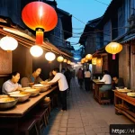 여행 중 인적 드문 식당에서의 미식 체험 - A cozy, small Vietnamese street food stall tucked away in a narrow alley, softly lit by warm lantern...