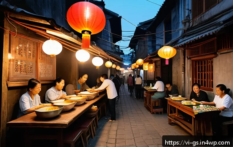 여행 중 인적 드문 식당에서의 미식 체험 - A cozy, small Vietnamese street food stall tucked away in a narrow alley, softly lit by warm lantern...