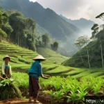 인적 드문 지역에서의 환경 보호 활동 - A serene scene of indigenous Vietnamese villagers in the northern mountainous region engaging in tra...