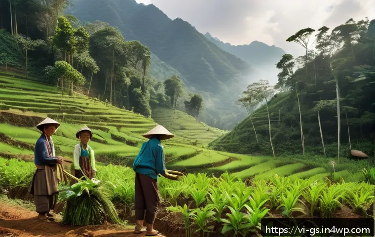 인적 드문 지역에서의 환경 보호 활동 - A serene scene of indigenous Vietnamese villagers in the northern mountainous region engaging in tra...