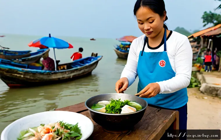 Home 17 비인기 여행지의 미식 탐험하기 - Photorealistic travel food scene in a quiet coastal fishing village in central Vietnam, an adventuro...